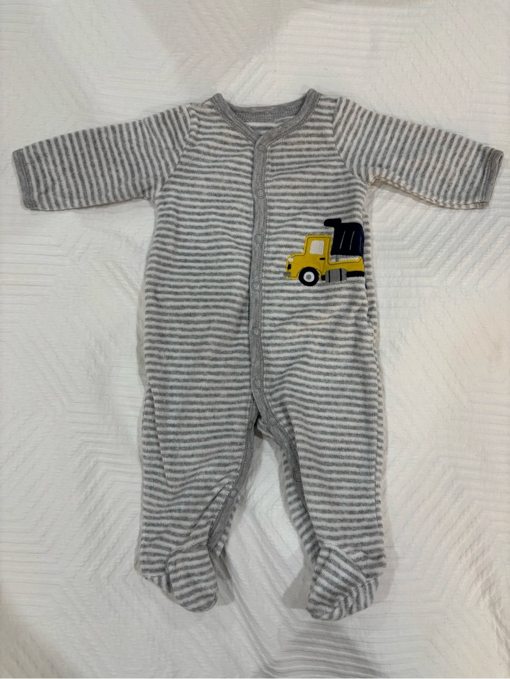 Carter's Gray & White Striped Footed One-Piece with Yellow Truck